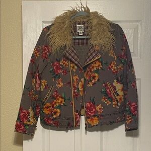 Ivy Jane Floral Bomber Jacket with Faux Fur Collar and Plaid Accents